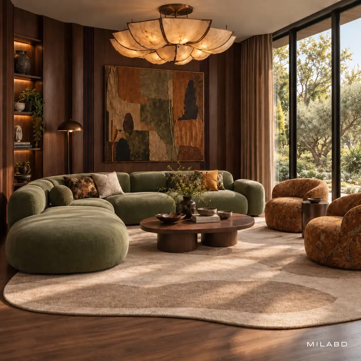 Family living room with a curved olive sofa, walnut panelling and garden views