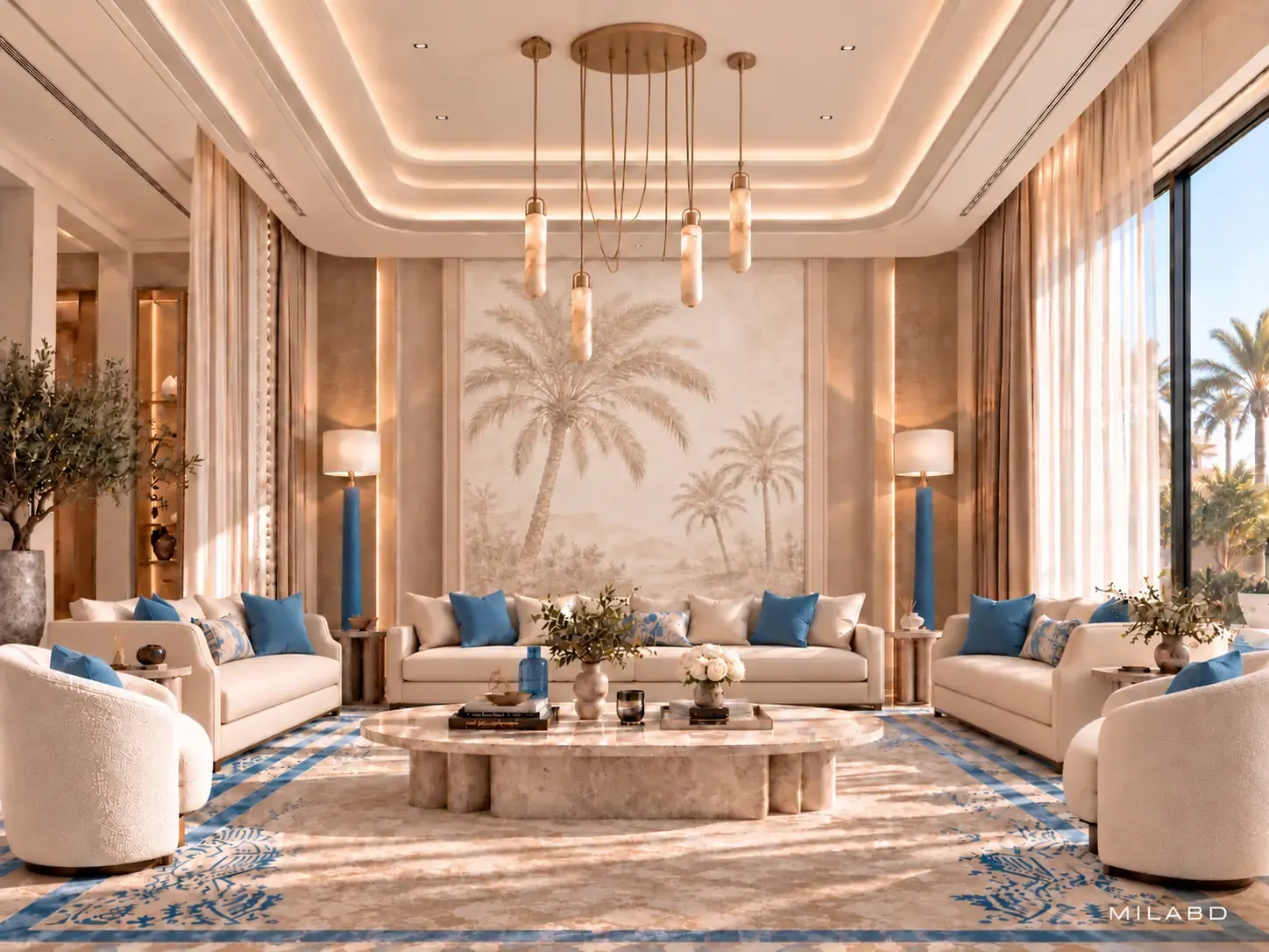 Formal living room with cream sofas, blue cushions and a palm mural