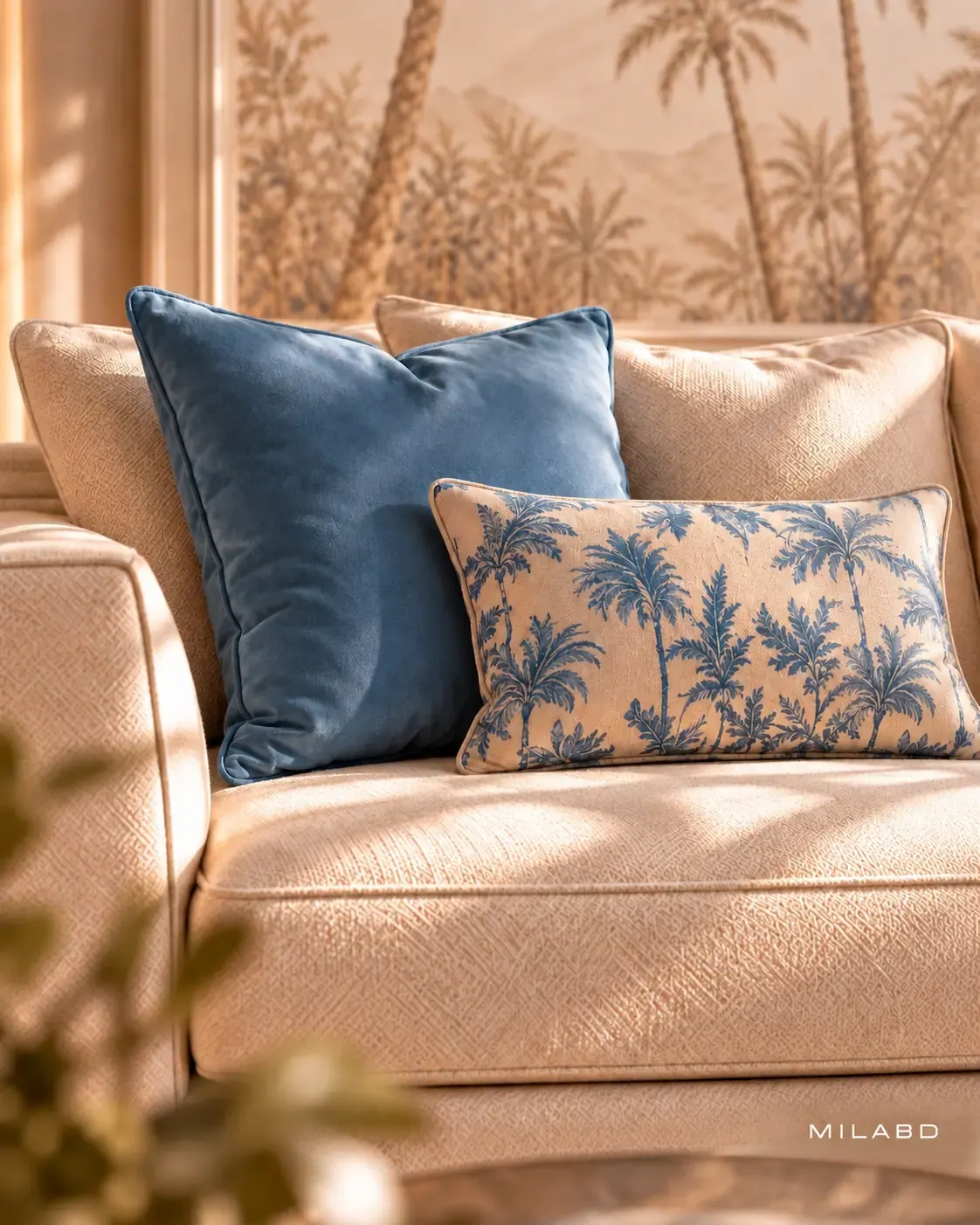 Formal living room with cream sofas, blue cushions and a palm mural — view 5