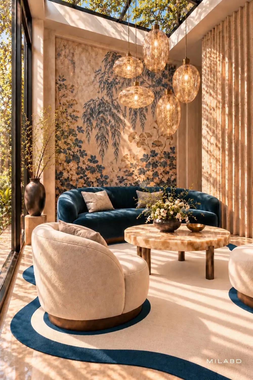 Reception lounge with a curved navy sofa beneath glass pendant lights