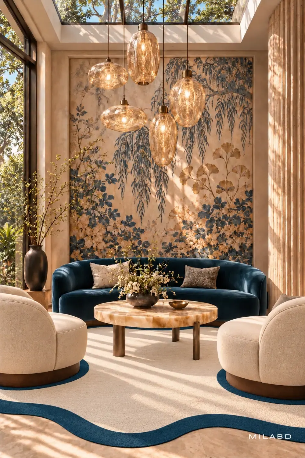Reception lounge with a curved navy sofa beneath glass pendant lights — view 2