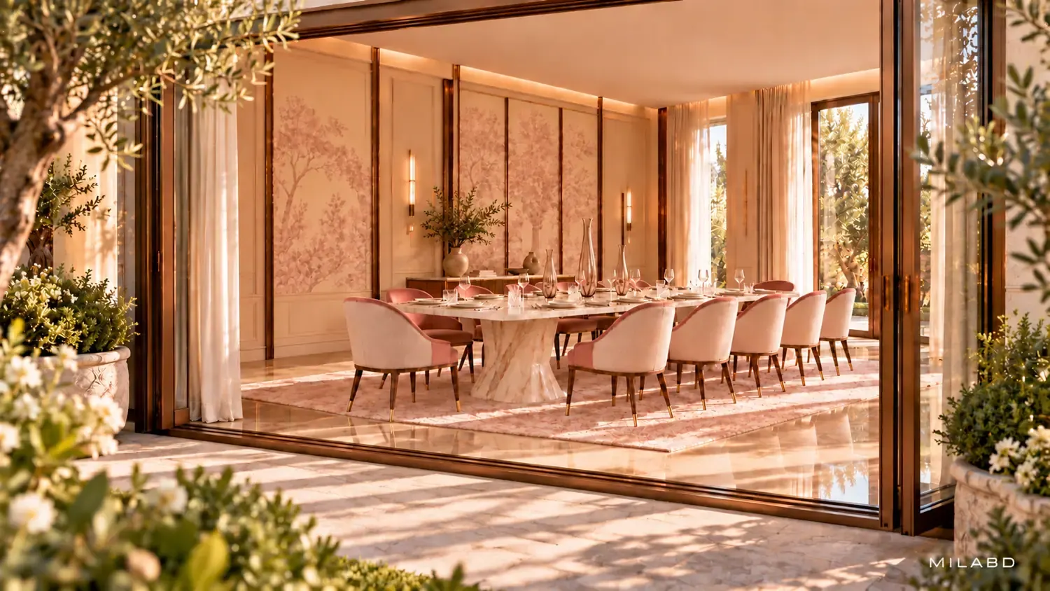 Dining room with an onyx table and blush upholstered chairs