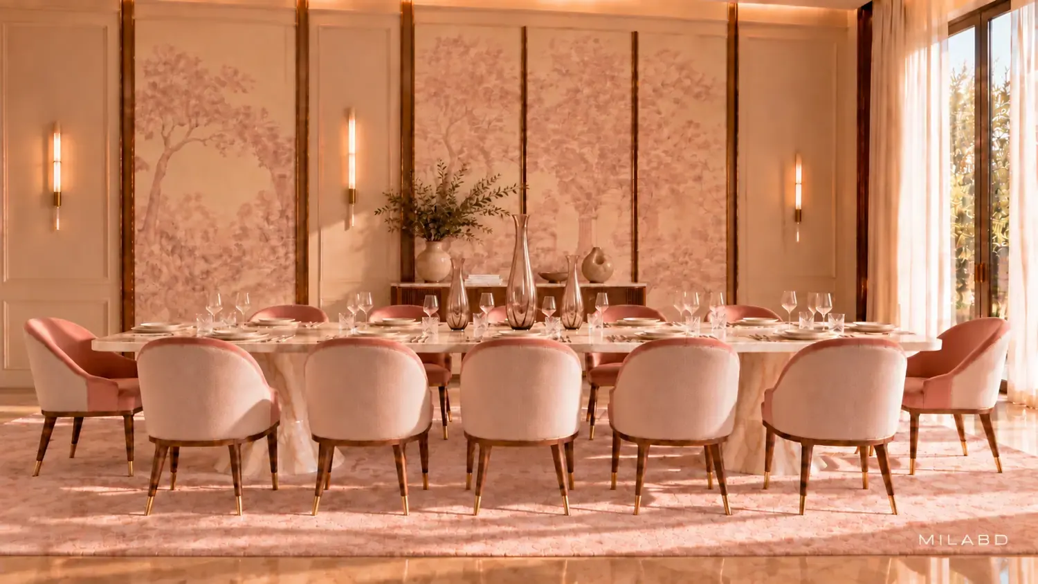 Dining room with an onyx table and blush upholstered chairs — view 2