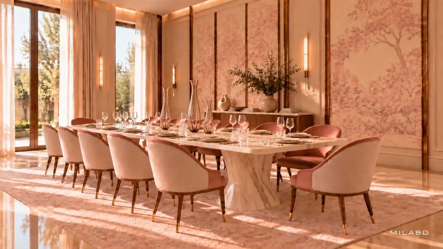Dining room with an onyx table and blush upholstered chairs — view 4