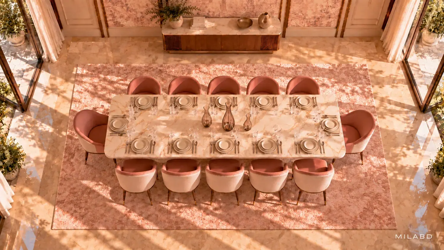 Dining room with an onyx table and blush upholstered chairs — view 6