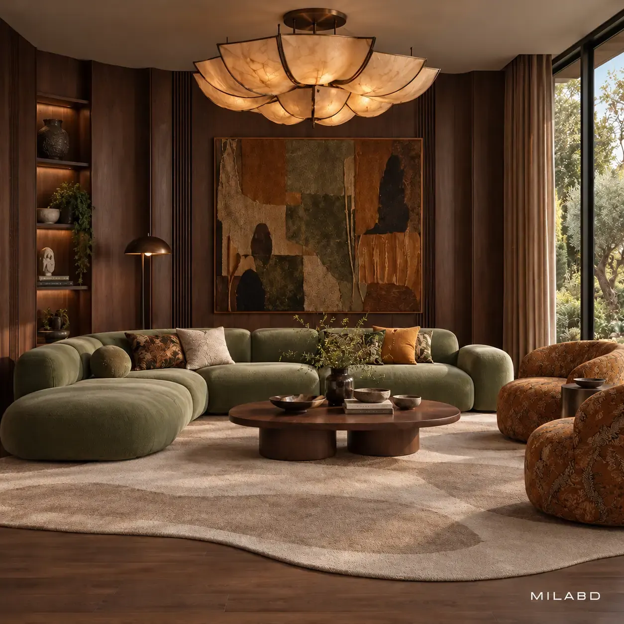 Family living room with a curved olive sofa, walnut panelling and patterned armchairs