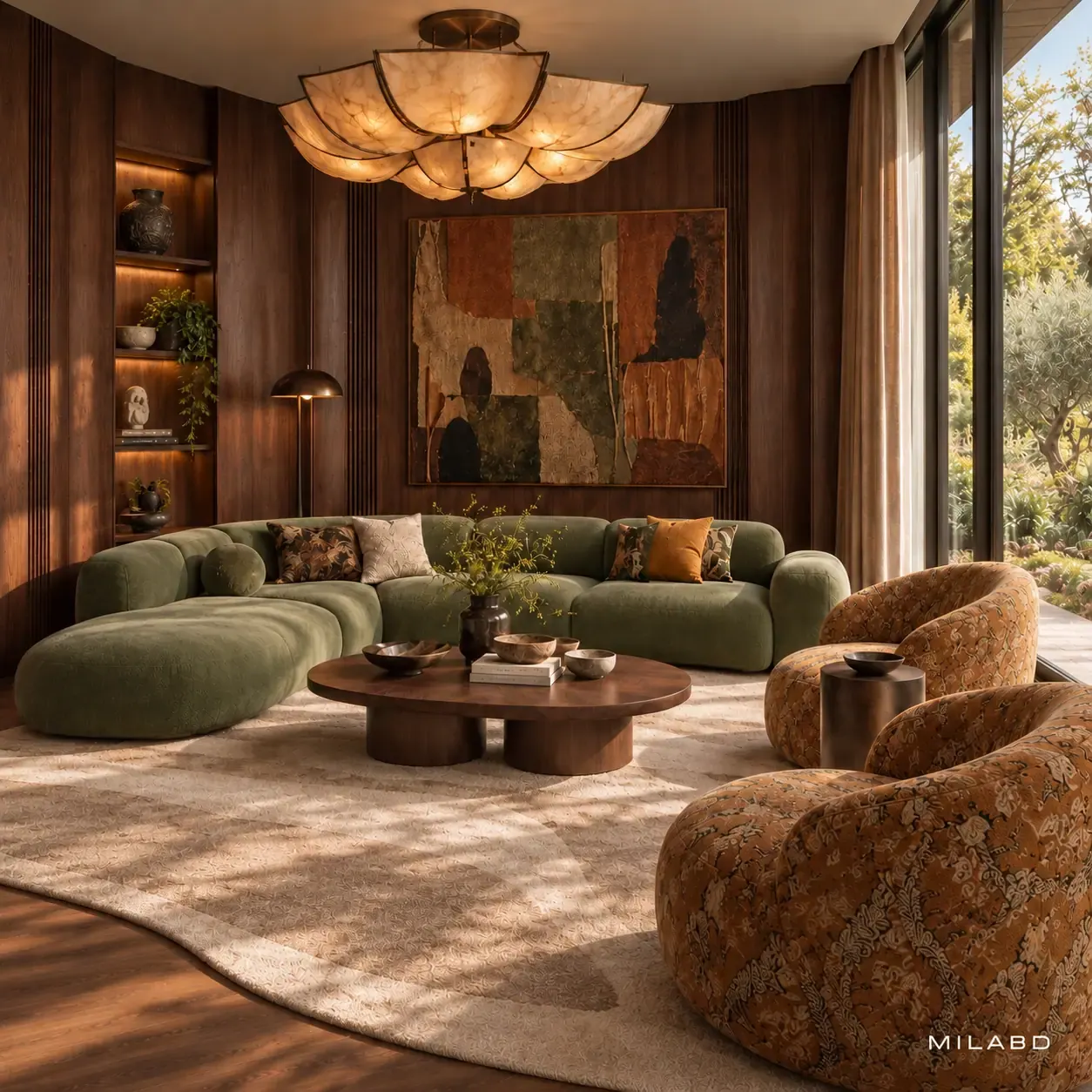 Family living room with a curved olive sofa, walnut panelling and patterned armchairs — view 3