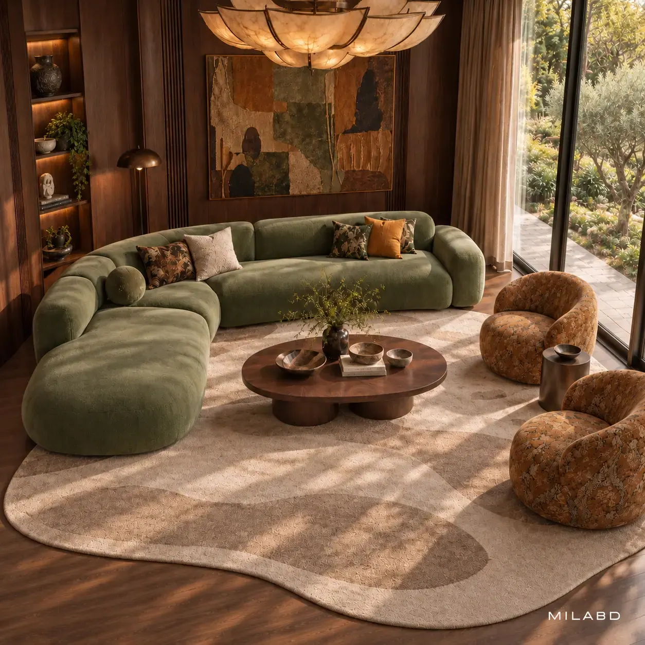 Family living room with a curved olive sofa, walnut panelling and patterned armchairs — view 4