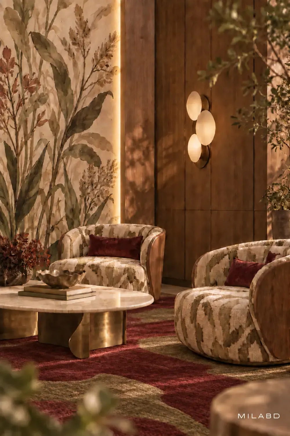 Seating corner with patterned armchairs and a botanical wall mural